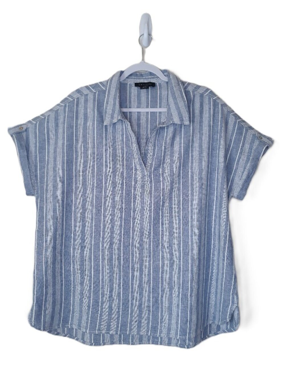 Women"s Linen Blend Top Boxy Striped Textured 1X Lagenlook Preppy Relaxed Tahari